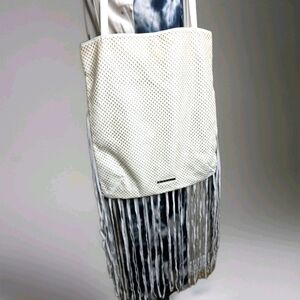 BCBGeneration Leather Boho Bohemein Off White Grey Tassle Large Shoulder Purse